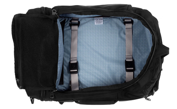 An open Techonaut 45 with a Black exterior and a Tidal (denim blue) interior.